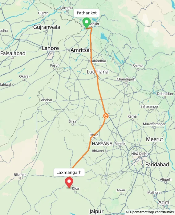Route map showing distance and travel time from Pathankot, India to Laxmangarh, India