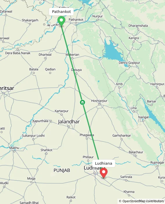 Route map showing distance and travel time from Pathankot, India to Ludhiana, India