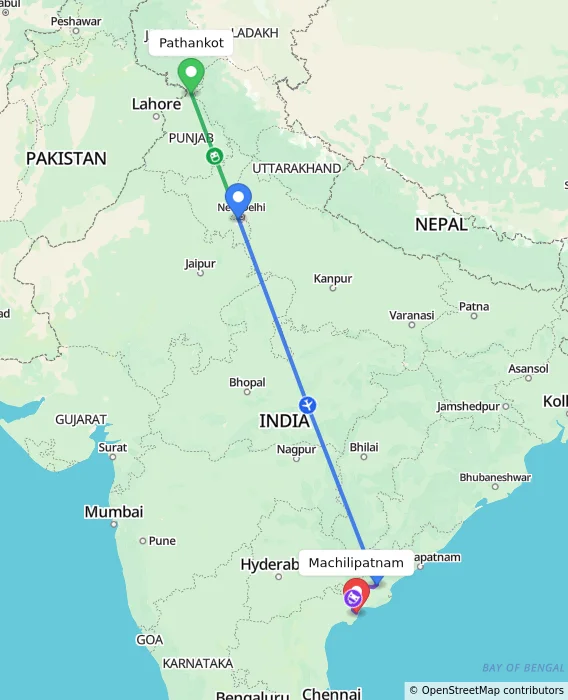 Route map showing distance and travel time from Pathankot, India to Machilipatnam, India
