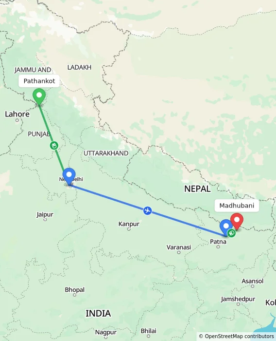 Route map showing distance and travel time from Pathankot, India to Madhubani, India