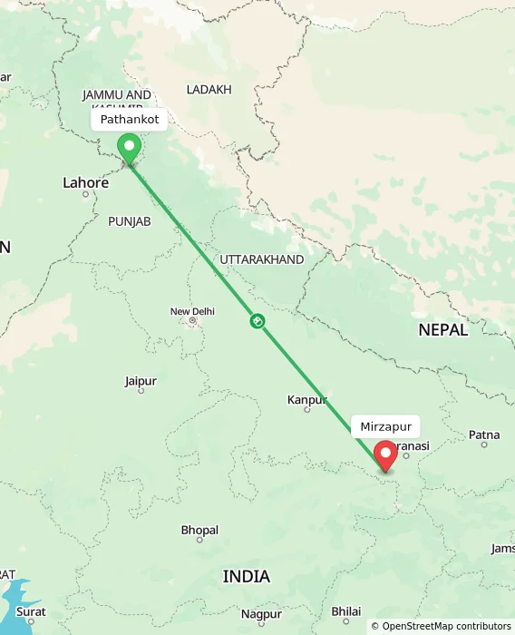 Route map showing distance and travel time from Pathankot, India to Mirzapur, India