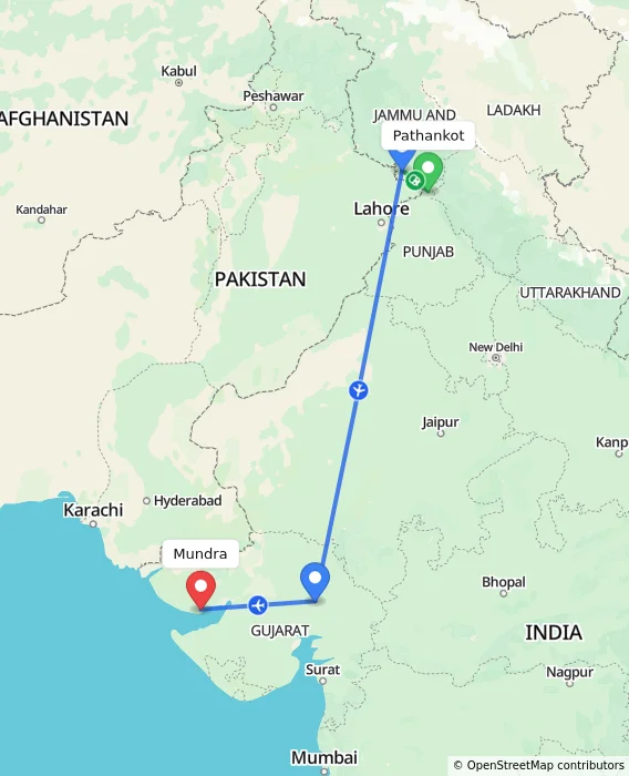 Route map showing distance and travel time from Pathankot, India to Mundra, India