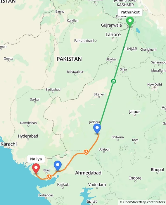 Route map showing distance and travel time from Pathankot, India to Naliya, India