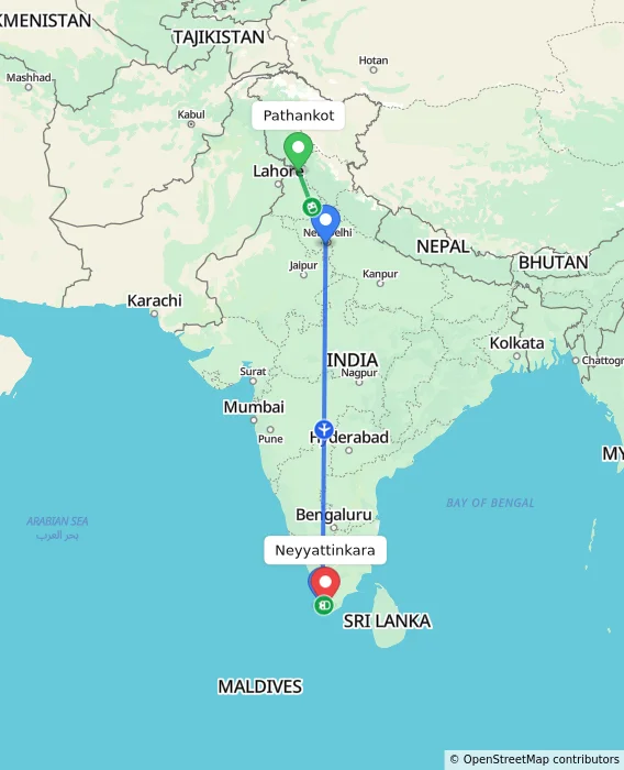 Route map showing distance and travel time from Pathankot, India to Neyyattinkara, India