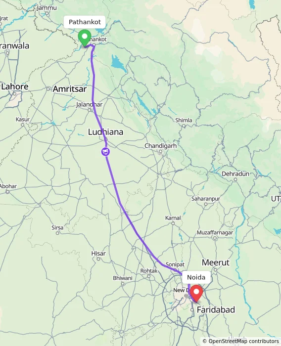 Route map showing distance and travel time from Pathankot, India to Noida, India