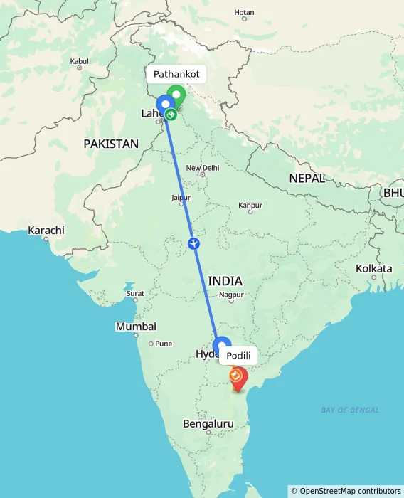 Route map showing distance and travel time from Pathankot, India to Podili, India