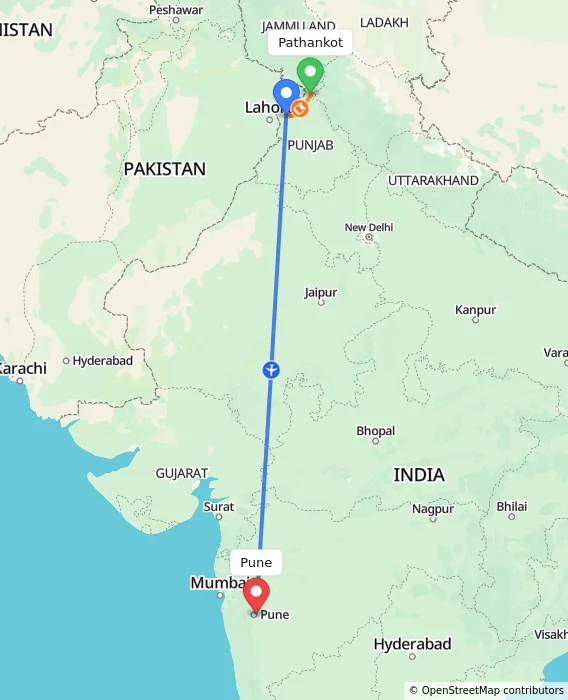 Route map showing distance and travel time from Pathankot, India to Pune, India