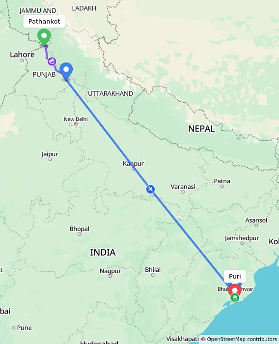Route map showing distance and travel time from Pathankot, India to Puri, India