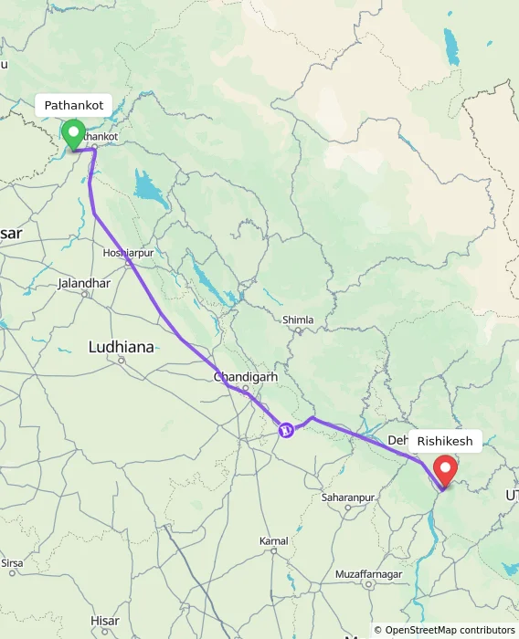 Route map showing distance and travel time from Pathankot, India to Rishikesh, India