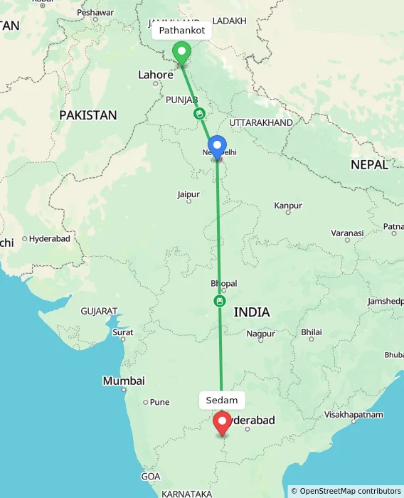 Route map showing distance and travel time from Pathankot, India to Sedam, India