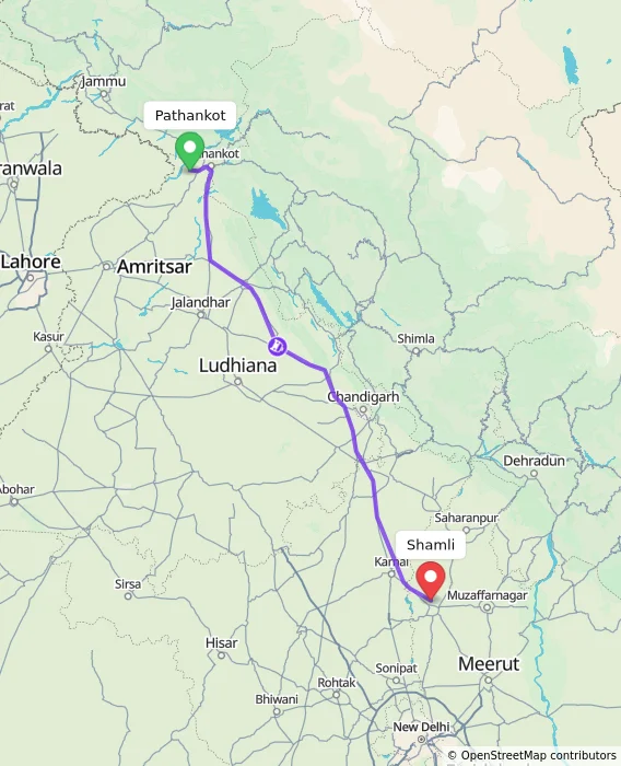 Route map showing distance and travel time from Pathankot, India to Shamli, India