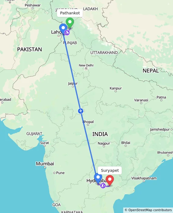 Route map showing distance and travel time from Pathankot, India to Suryapet, India