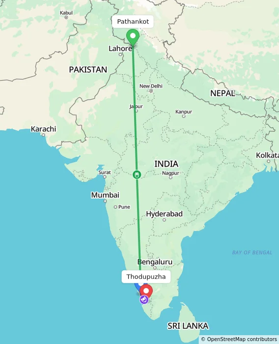 Route map showing distance and travel time from Pathankot, India to Thodupuzha, India