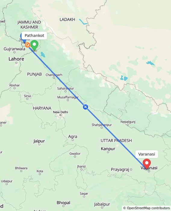 Route map showing distance and travel time from Pathankot, India to Varanasi, India