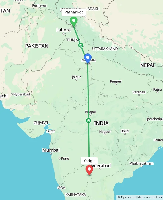 Route map showing distance and travel time from Pathankot, India to Yadgir, India