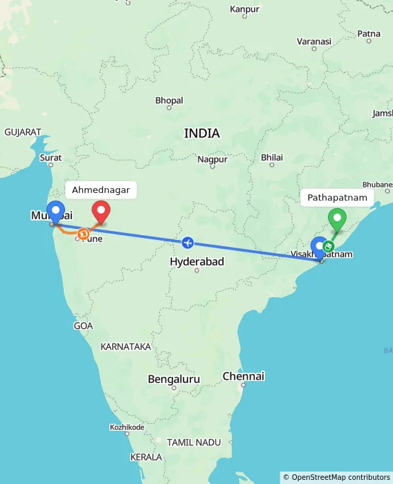 Route map showing distance and travel time from Pathapatnam, India to Ahmednagar, India