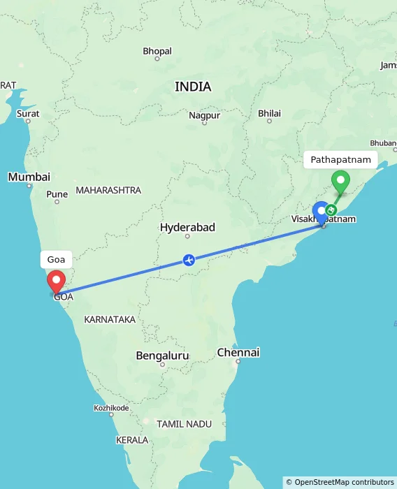 Route map showing distance and travel time from Pathapatnam, India to Goa, India