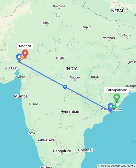 Route map showing distance and travel time from Pathapatnam, India to Modasa, India