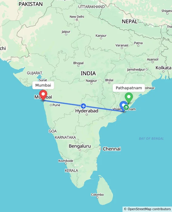 Route map showing distance and travel time from Pathapatnam, India to Mumbai, India