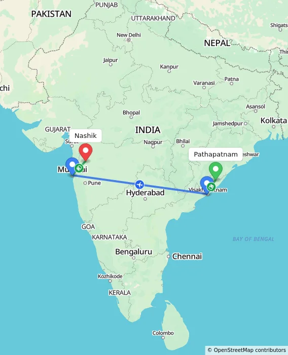 Route map showing distance and travel time from Pathapatnam, India to Nashik, India