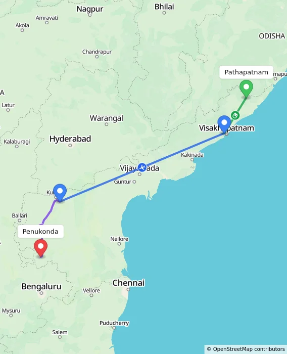 Route map showing distance and travel time from Pathapatnam, India to Penukonda, India