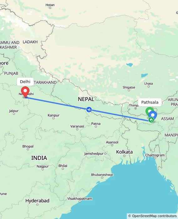 Route map showing distance and travel time from Pathsala, India to Delhi, India