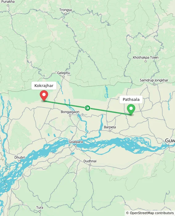 Route map showing distance and travel time from Pathsala, India to Kokrajhar, India