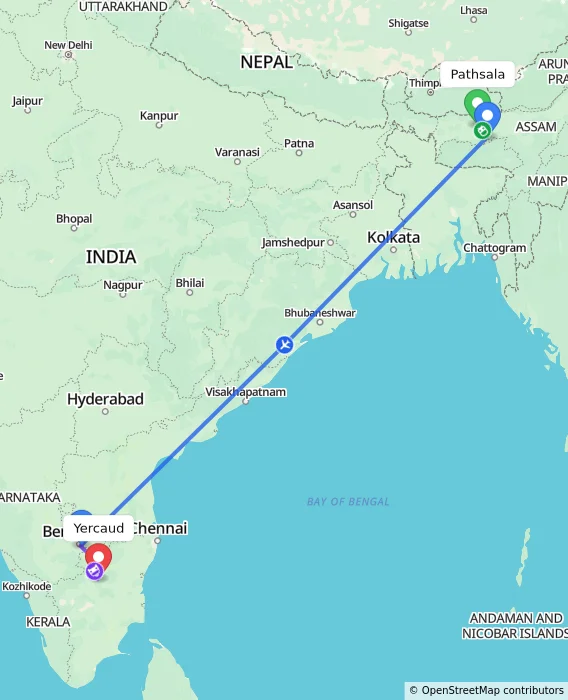 Route map showing distance and travel time from Pathsala, India to Yercaud, India