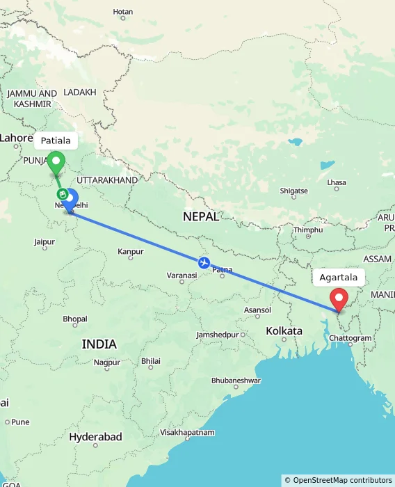 Route map showing distance and travel time from Patiala, India to Agartala, India