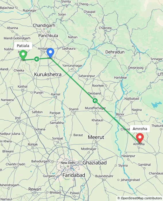 Route map showing distance and travel time from Patiala, India to Amroha, India