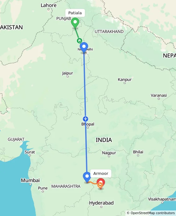 Route map showing distance and travel time from Patiala, India to Armoor, India