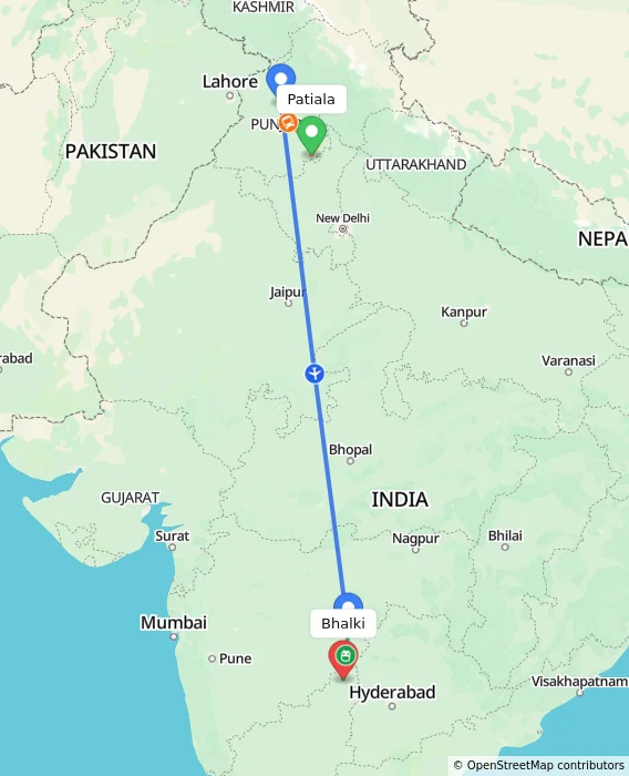 Route map showing distance and travel time from Patiala, India to Bhalki, India