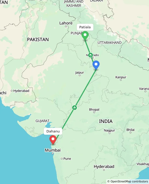 Route map showing distance and travel time from Patiala, India to Dahanu, India