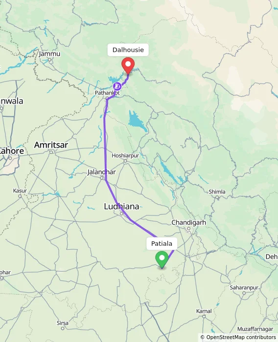 Route map showing distance and travel time from Patiala, India to Dalhousie, India