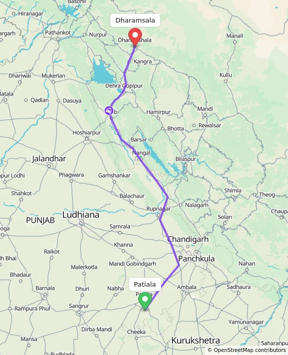 Route map showing distance and travel time from Patiala, India to Dharamsala, India
