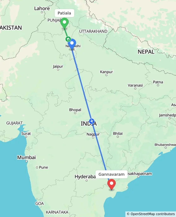 Route map showing distance and travel time from Patiala, India to Gannavaram, India
