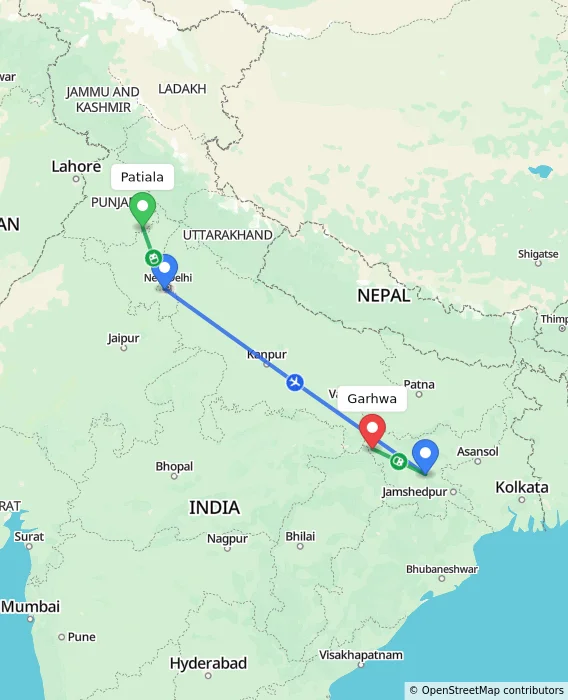 Route map showing distance and travel time from Patiala, India to Garhwa, India