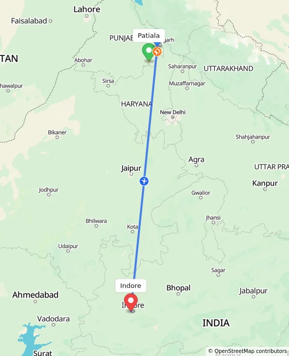 Route map showing distance and travel time from Patiala, India to Indore, India
