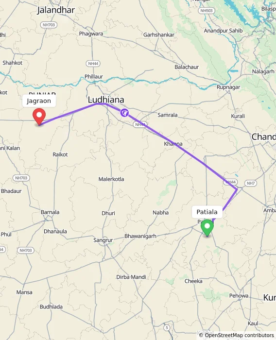 Route map showing distance and travel time from Patiala, India to Jagraon, India
