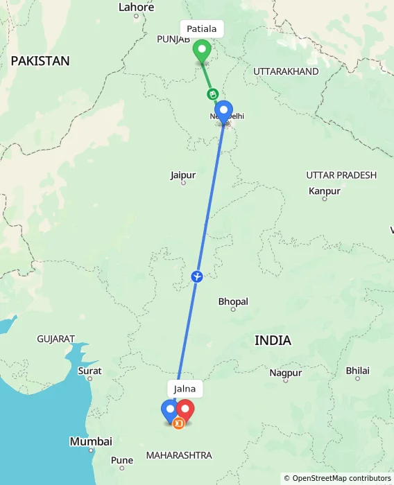 Route map showing distance and travel time from Patiala, India to Jalna, India