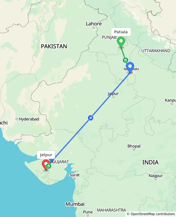Route map showing distance and travel time from Patiala, India to Jetpur, India