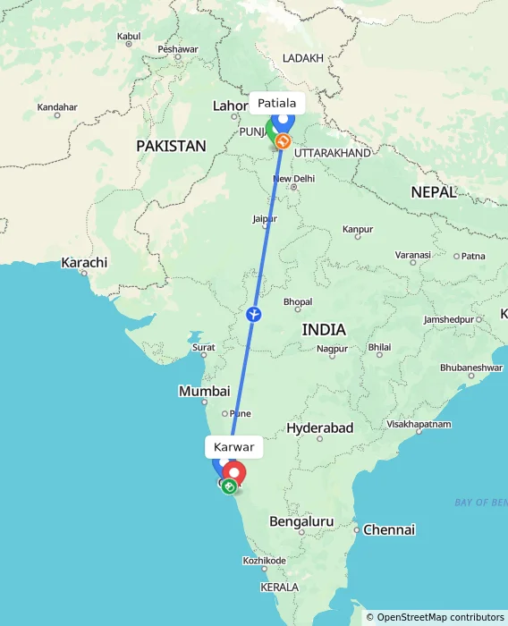 Route map showing distance and travel time from Patiala, India to Karwar, India