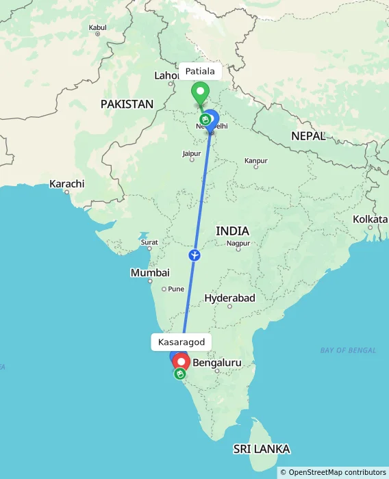 Route map showing distance and travel time from Patiala, India to Kasaragod, India