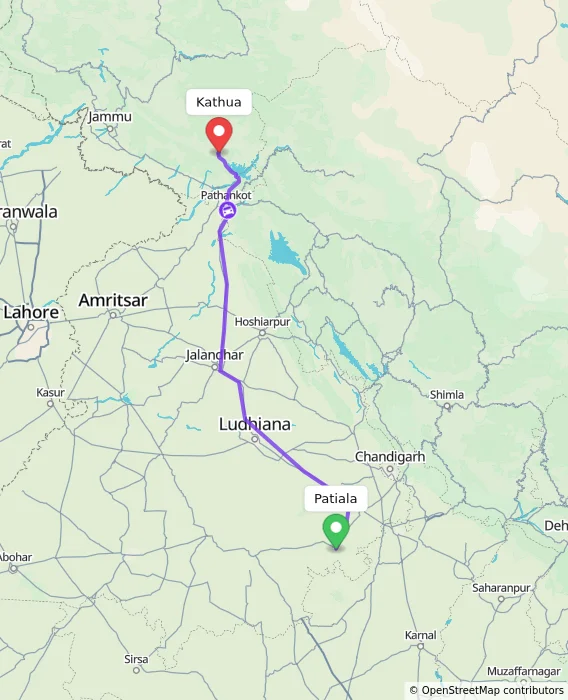 Route map showing distance and travel time from Patiala, India to Kathua, India