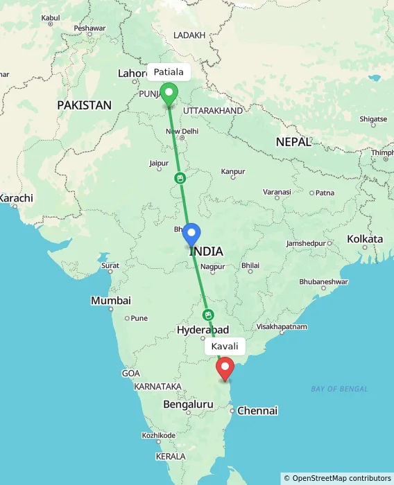 Route map showing distance and travel time from Patiala, India to Kavali, India