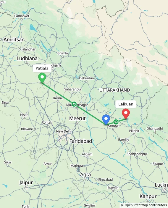 Route map showing distance and travel time from Patiala, India to Lalkuan, India