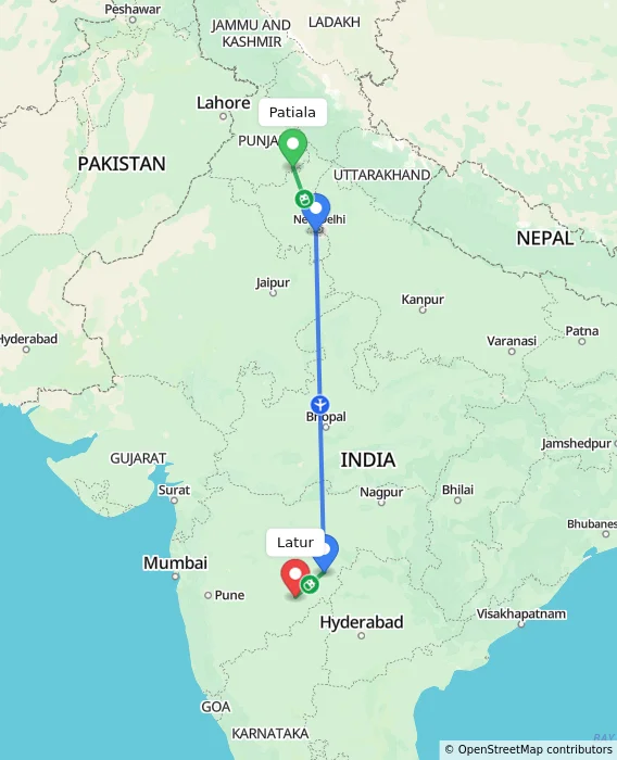 Route map showing distance and travel time from Patiala, India to Latur, India