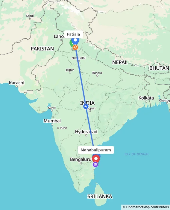 Route map showing distance and travel time from Patiala, India to Mahabalipuram, India