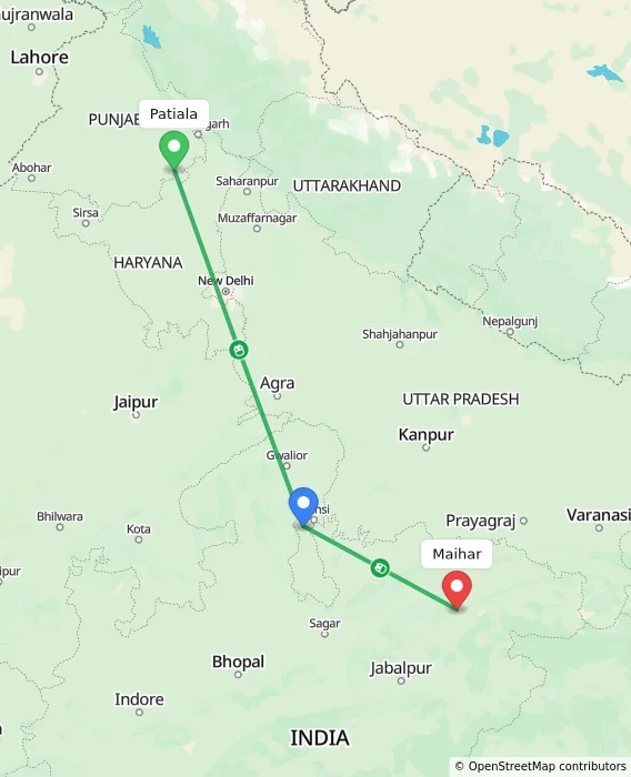 Route map showing distance and travel time from Patiala, India to Maihar, India