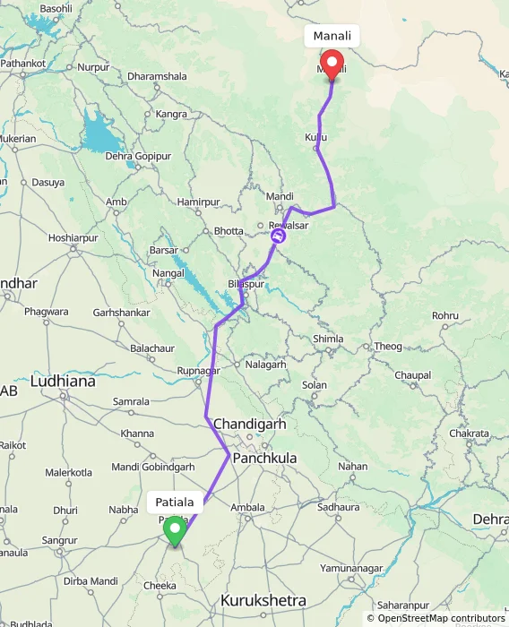 Route map showing distance and travel time from Patiala, India to Manali, India